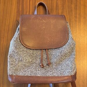 LL Bean Brown Leather & Tweed Backpack Purse
